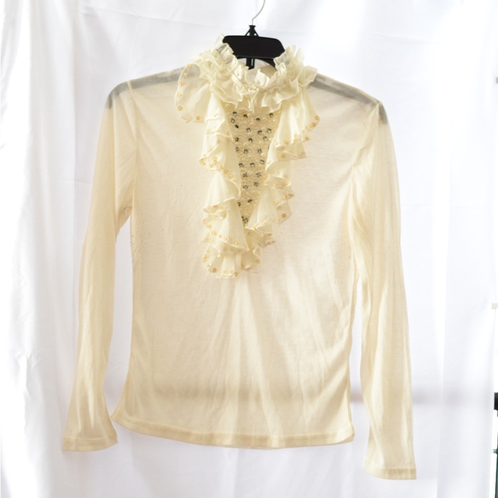 LIGHTWEIGHT IVERY RUFFLE PEARLS EMBELLISHMENT TURTLENECK LONG SLEEVE TOP